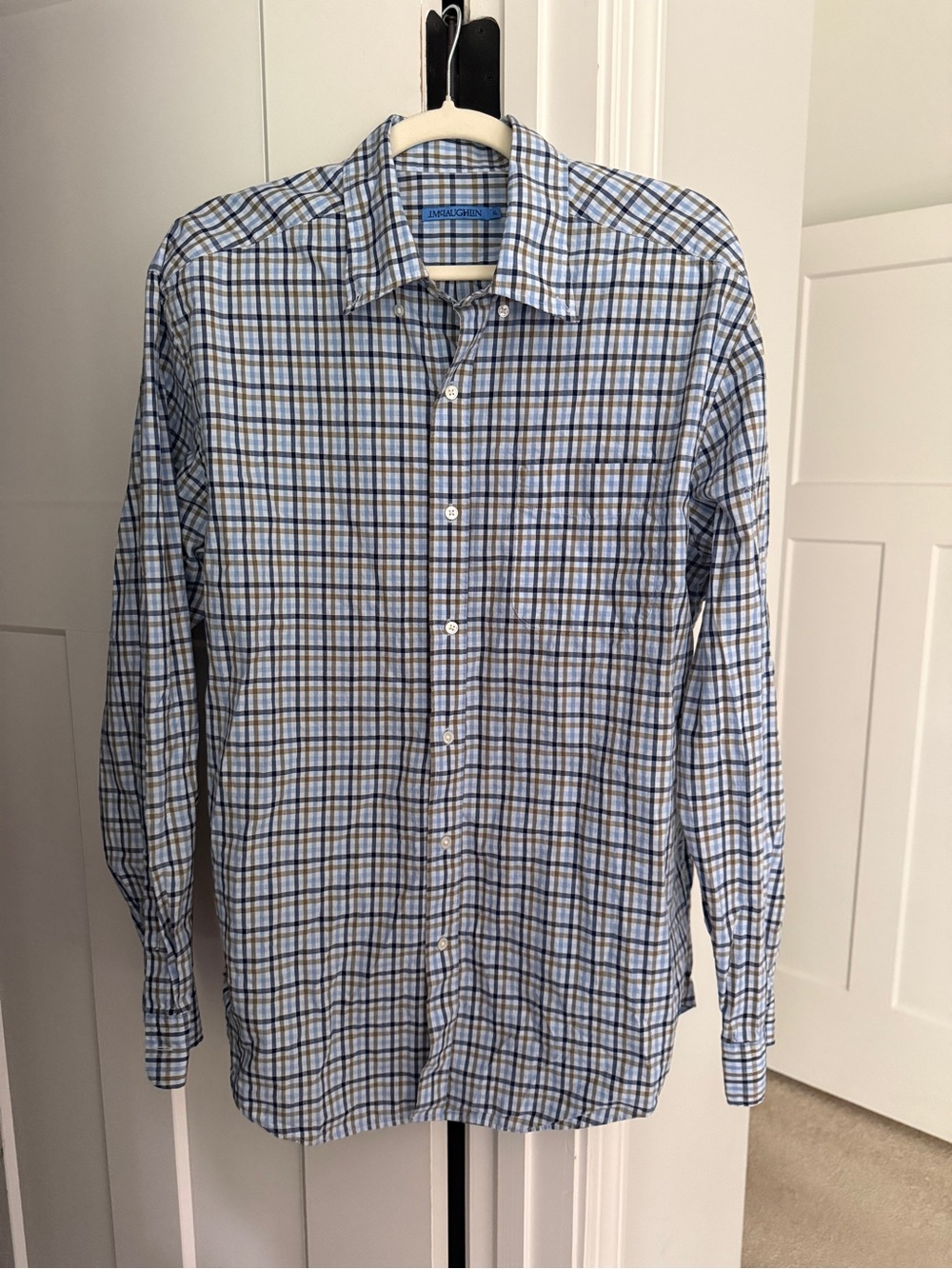 J. McLaughlin blue plaid button down cotton shirt men’s